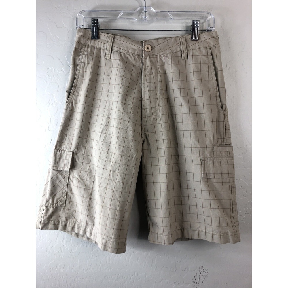 BURNSIDE Mens 28  Tan Shorts 10"‎ inseam Grid  Pattern Cargo Pocket